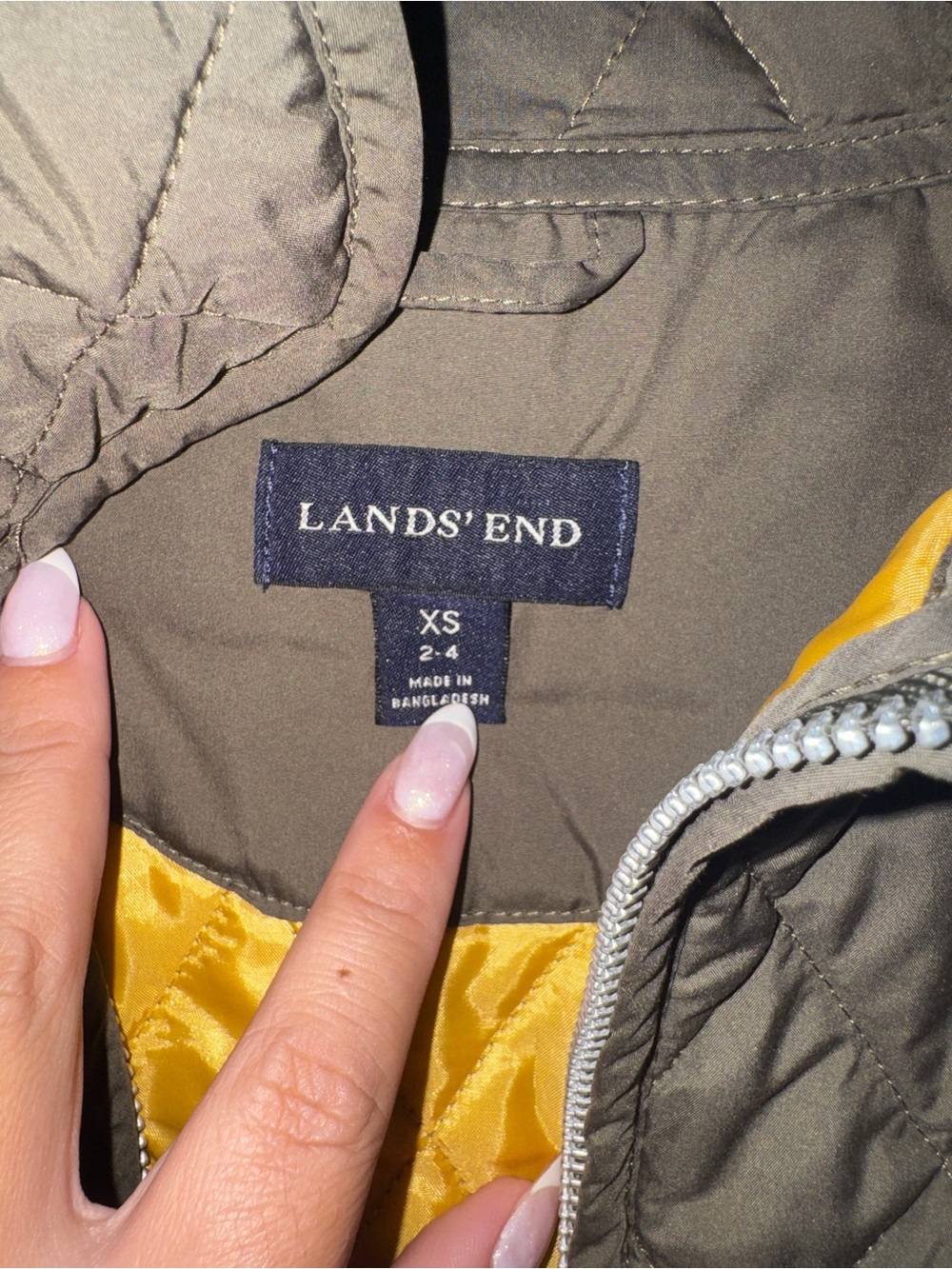 Lands' End Quilted Olive Puffer Jacket with Yellow Lining - Picture 4 of 6
